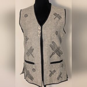 Venus Imports Vest Womens Small Gray Black Canvas Dragonfly Print Button Front